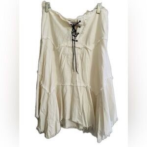 VINTAGE LIBERTINE Paris White Asymmetrical RAW TIERED HEM Linen Skirt Lace-Up